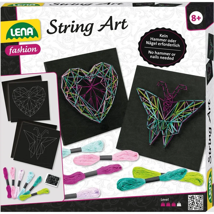 Lena 42650 - Bastelset String Art Schmetterling und Herz, Komplettset für 2 Fadenbilder, mit 2 Grundplatten, ca. 21, 5 x 21, 5 x 1 cm, Stecknadeln und 6 farbige Garnen, Set für Kinder ab 8 Jahre – Bild 1