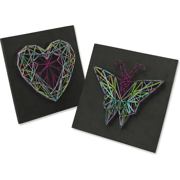 Lena 42650 - Bastelset String Art Schmetterling und Herz, Komplettset für 2 Fadenbilder, mit 2 Grundplatten, ca. 21, 5 x 21, 5 x 1 cm, Stecknadeln und 6 farbige Garnen, Set für Kinder ab 8 Jahre – Bild 2