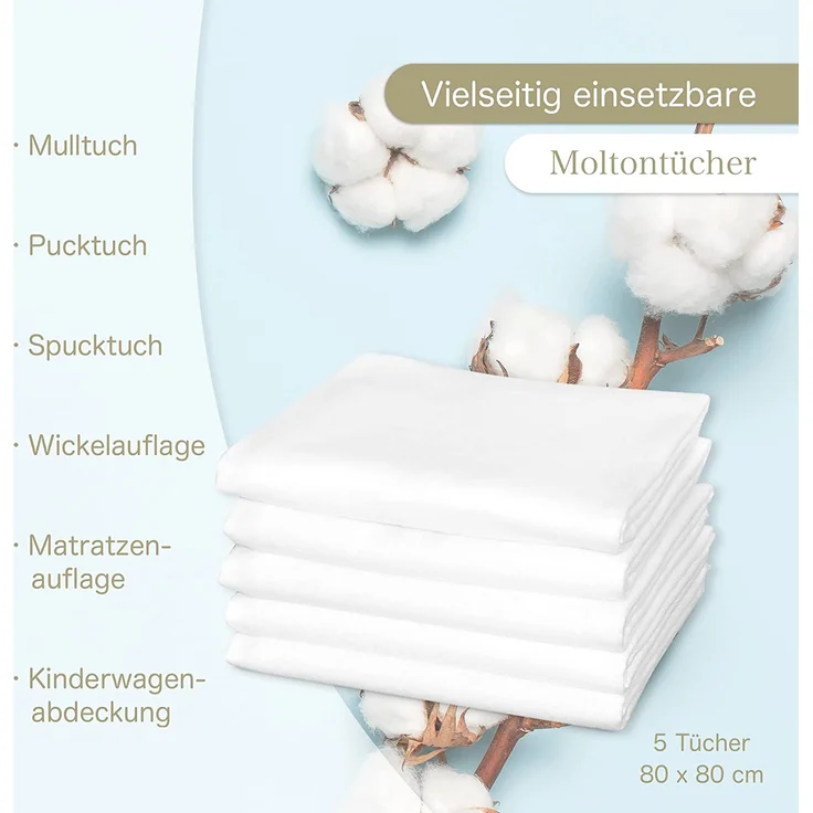 KiGATEX Moltontuch 80x80 cm 100% Baumwolle 5er Pack hergestellt nach Ökotex Standard 100 – Bild 2