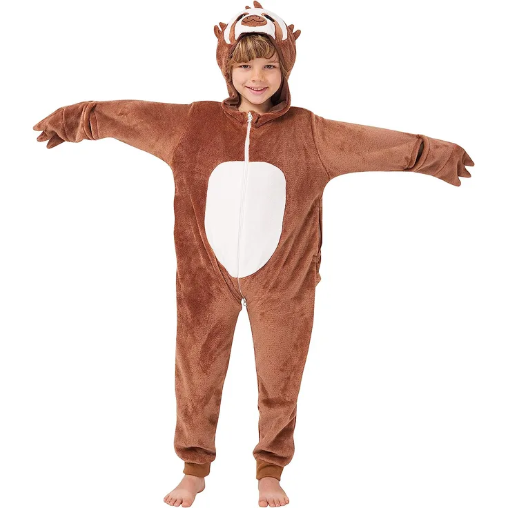 corimori 1851 Henry das Faultier Kinder Jungen Mädchen Onesie Jumpsuit Anzug Kostüm Verkleidung (Gr. 90-110cm) Braun-Creme