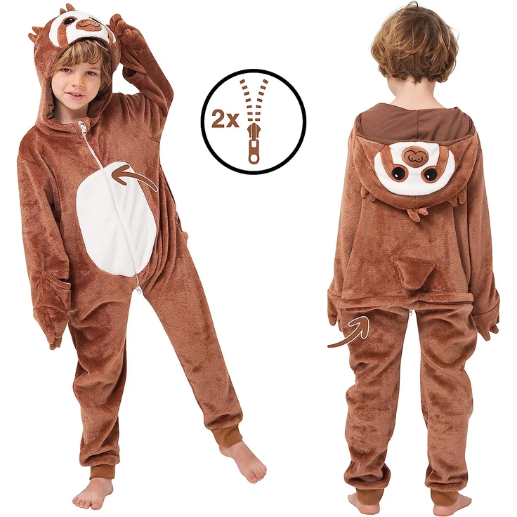 corimori 1851 Henry das Faultier Kinder Jungen Mädchen Onesie Jumpsuit Anzug Kostüm Verkleidung (Gr. 90-110cm) Braun-Creme – Bild 2