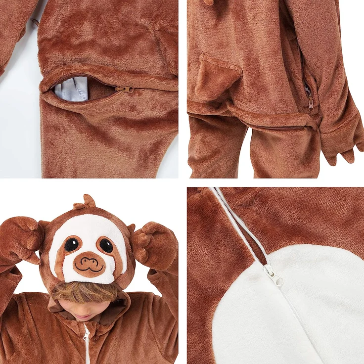 corimori 1851 Henry das Faultier Kinder Jungen Mädchen Onesie Jumpsuit Anzug Kostüm Verkleidung (Gr. 90-110cm) Braun-Creme – Bild 3