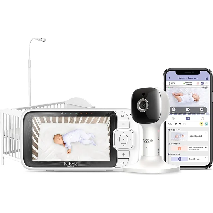 Hubble Connected Nursery Pal SkyView Babyphone mit Kamera, 5-Zoll-Bildschirm, Kinderbetthalterung, 7-Farben-Nachtlicht, Infrarot-Nachtsicht, Zwei-Wege-Gespräch, Raumtemperatursensor und Smartphone-App
