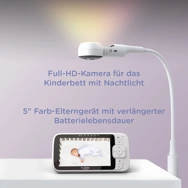 Hubble Connected Nursery Pal SkyView Babyphone mit Kamera, 5-Zoll-Bildschirm, Kinderbetthalterung, 7-Farben-Nachtlicht, Infrarot-Nachtsicht, Zwei-Wege-Gespräch, Raumtemperatursensor und Smartphone-App – Bild 2
