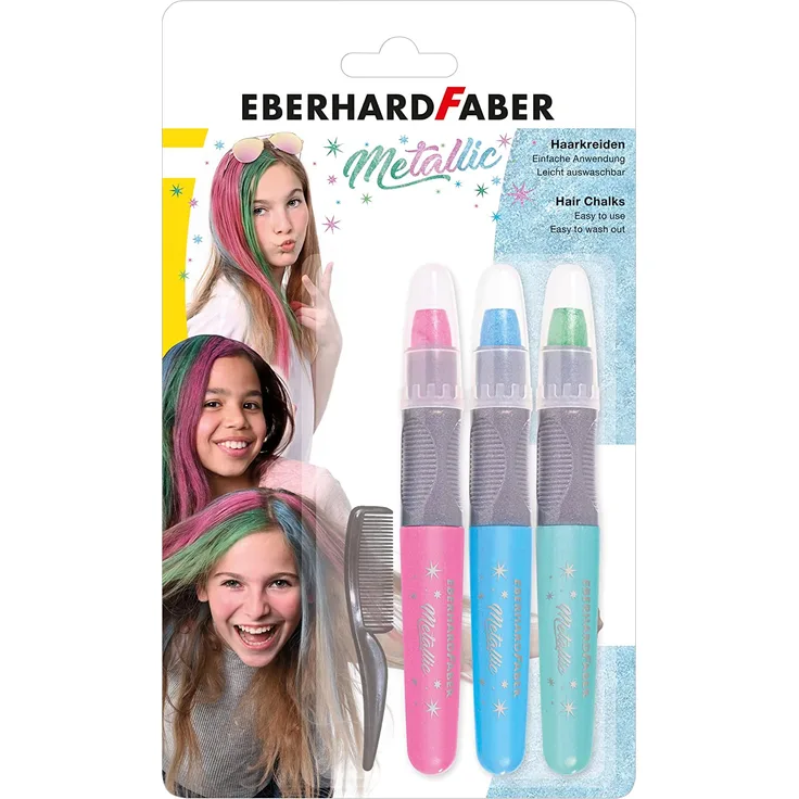 Eberhard Faber 579205 - Haarkreide Metallic, Set mit 3 Farben und Haarkamm, einfache Anwendung, leicht abwaschbar, für trendige Frisuren und neue Haarfarben