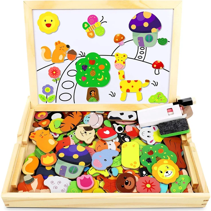 Jojoin Magnetisches Holzpuzzle mit Doppelseitiger Tafel, Holzspielzeug Puzzles Kinder, 110 Stück Tiermuster Pädagogisches Magnetische Holzspielzeug, Kreativ Lernspielzeug für Kinder – Bild 1
