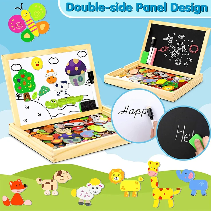 Jojoin Magnetisches Holzpuzzle mit Doppelseitiger Tafel, Holzspielzeug Puzzles Kinder, 110 Stück Tiermuster Pädagogisches Magnetische Holzspielzeug, Kreativ Lernspielzeug für Kinder – Bild 2
