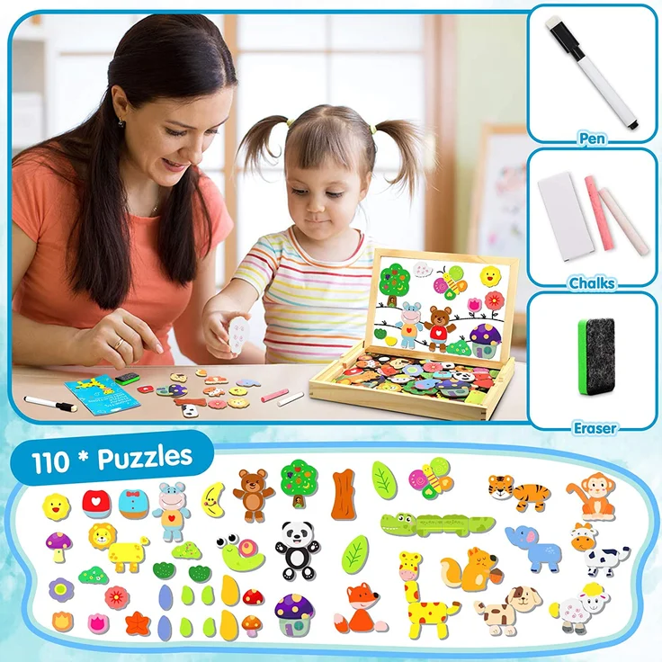 Jojoin Magnetisches Holzpuzzle mit Doppelseitiger Tafel, Holzspielzeug Puzzles Kinder, 110 Stück Tiermuster Pädagogisches Magnetische Holzspielzeug, Kreativ Lernspielzeug für Kinder – Bild 4