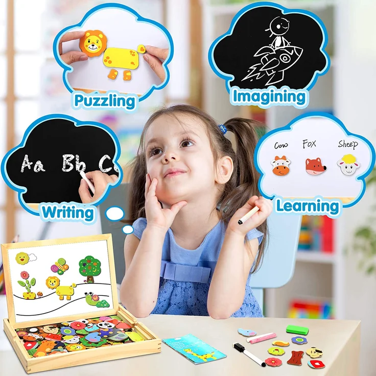 Jojoin Magnetisches Holzpuzzle mit Doppelseitiger Tafel, Holzspielzeug Puzzles Kinder, 110 Stück Tiermuster Pädagogisches Magnetische Holzspielzeug, Kreativ Lernspielzeug für Kinder – Bild 3