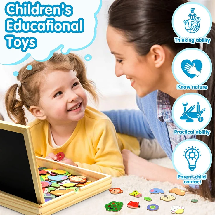 Jojoin Magnetisches Holzpuzzle mit Doppelseitiger Tafel, Holzspielzeug Puzzles Kinder, 110 Stück Tiermuster Pädagogisches Magnetische Holzspielzeug, Kreativ Lernspielzeug für Kinder – Bild 6