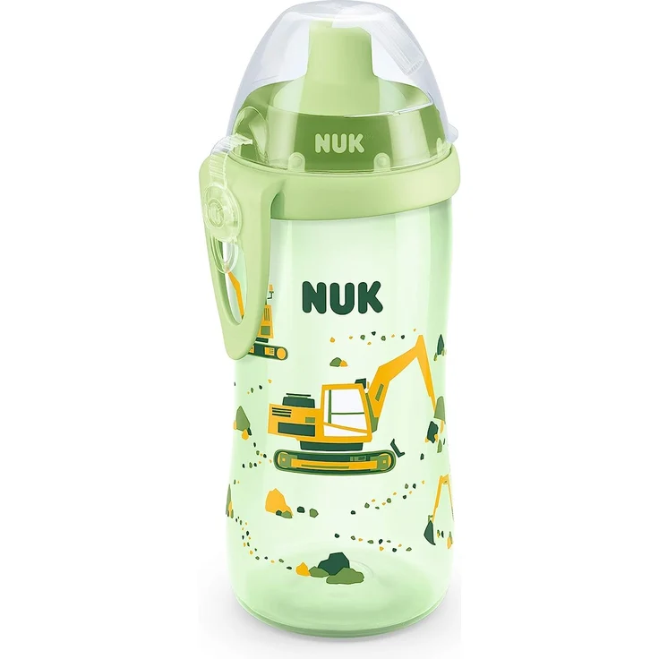NUK Flexi Cup Trinklernflasche mit Trinkhalm, 300ml, auslauf- und bruchsicher, BPA-frei, 12+ Monate, BPA-frei, Bagger (grün) – Bild 1