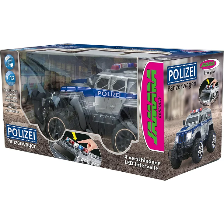 Jamara 410032 - Polizei Panzerwagen Monstertruck 1:12 LED 27MHz - 11 LED Signallichter ausschaltbar, 2 große Frontscheinwerfer, grobe Reifen,gesperrte Hinterachse für hohe Traktion, stabile Karosserie – Bild 2