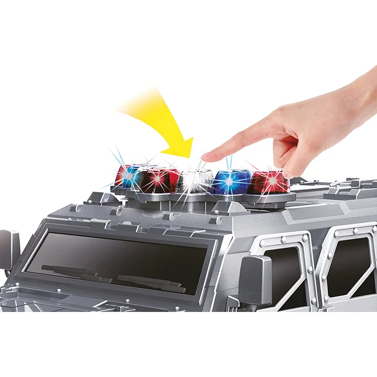 Jamara 410032 - Polizei Panzerwagen Monstertruck 1:12 LED 27MHz - 11 LED Signallichter ausschaltbar, 2 große Frontscheinwerfer, grobe Reifen,gesperrte Hinterachse für hohe Traktion, stabile Karosserie – Bild 9