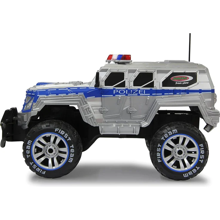 Jamara 410032 - Polizei Panzerwagen Monstertruck 1:12 LED 27MHz - 11 LED Signallichter ausschaltbar, 2 große Frontscheinwerfer, grobe Reifen,gesperrte Hinterachse für hohe Traktion, stabile Karosserie – Bild 6