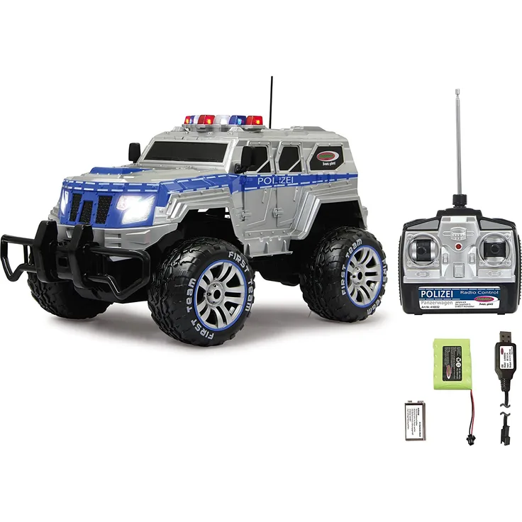Jamara 410032 - Polizei Panzerwagen Monstertruck 1:12 LED 27MHz - 11 LED Signallichter ausschaltbar, 2 große Frontscheinwerfer, grobe Reifen,gesperrte Hinterachse für hohe Traktion, stabile Karosserie