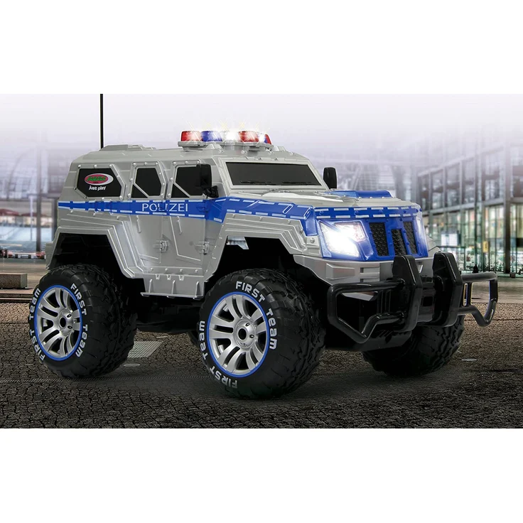 Jamara 410032 - Polizei Panzerwagen Monstertruck 1:12 LED 27MHz - 11 LED Signallichter ausschaltbar, 2 große Frontscheinwerfer, grobe Reifen,gesperrte Hinterachse für hohe Traktion, stabile Karosserie – Bild 11