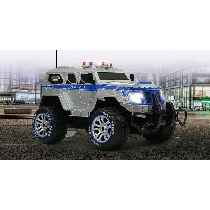 Jamara 410032 - Polizei Panzerwagen Monstertruck 1:12 LED 27MHz - 11 LED Signallichter ausschaltbar, 2 große Frontscheinwerfer, grobe Reifen,gesperrte Hinterachse für hohe Traktion, stabile Karosserie – Bild 10