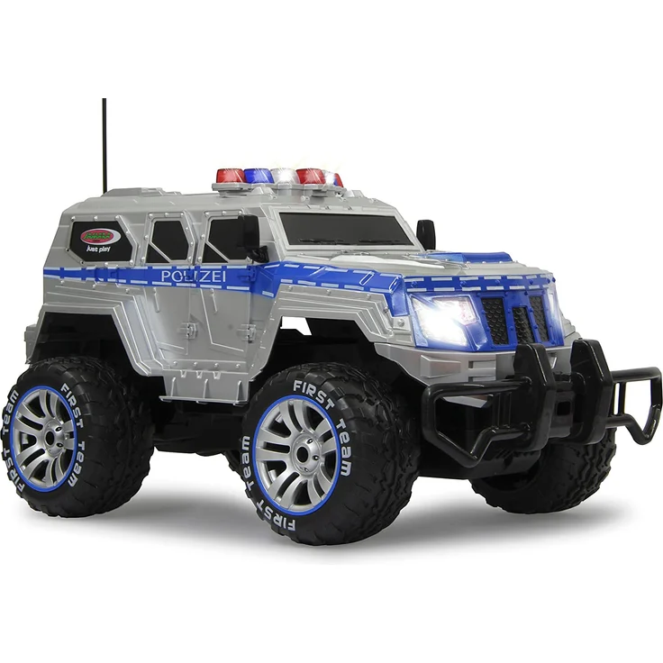 Jamara 410032 - Polizei Panzerwagen Monstertruck 1:12 LED 27MHz - 11 LED Signallichter ausschaltbar, 2 große Frontscheinwerfer, grobe Reifen,gesperrte Hinterachse für hohe Traktion, stabile Karosserie – Bild 7