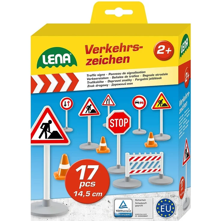 Lena 04440 - Verkehrszeichen Set mit 17 Teilen, mit 9 Verkehrsschilder ca. 16 cm, 5 Pylonen und 3 Bauzäunen, optimal für Lena Spielfahrzeuge Truxx, Worxx, Truckies, EcoAktives, Aktive und andere - Preisvergleich – Bild 1