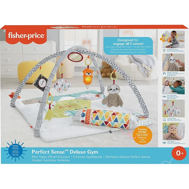 Fisher-Price HBB74 - 5 Sinnes Baby Spieldecke, kuschelig weiche Krabbeldecke mit Sensorik Spielzeug, sechs abnehmbare Beschäftigungsspielzeuge, Babyaustattung ab der Geburt – Bild 14