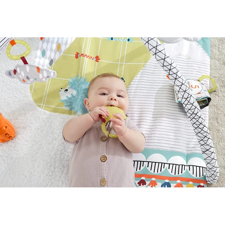 Fisher-Price HBB74 - 5 Sinnes Baby Spieldecke, kuschelig weiche Krabbeldecke mit Sensorik Spielzeug, sechs abnehmbare Beschäftigungsspielzeuge, Babyaustattung ab der Geburt – Bild 10
