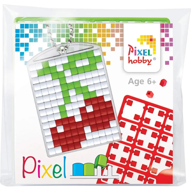 Pixel P23041 Mosaik Medaillon Kirsche, Schlüsselanhänger für Kinder zum Selbstgestalten, kinderleichtes Stecksystem, ohne Bügeln und Kleben, Steinchen aus Biokunststoff