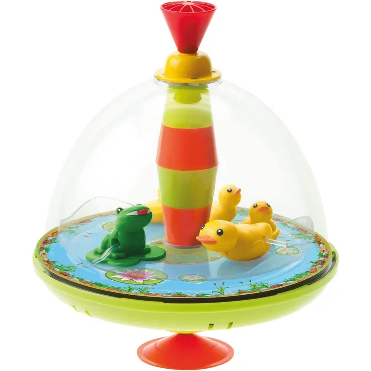 Bolz 52130 - Panoramakreisel Entenfamilie ca. 19 cm, Kunststoff Schwungkreisel, klassischer Pumpkreisel, Musikkreisel mit Enten Motiv, Kreisel mit Standfuss, Spielzeugkreisel für Kinder ab 18 Monate