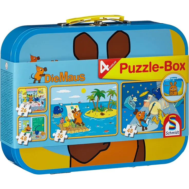 Schmidt Spiele 55597 Sendung Maus, Puzzle-Box im Metallkoffer, 2x26 2x48 Teile Kinderpuzzle, bunt