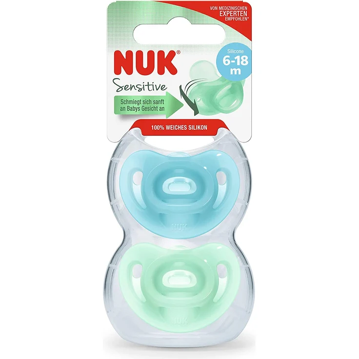 NUK Sensitive Schnuller | 6-18 Monate | 100 % Silikon für zarte Haut | BPA-frei | blau & grün | 2 Stück – Bild 2