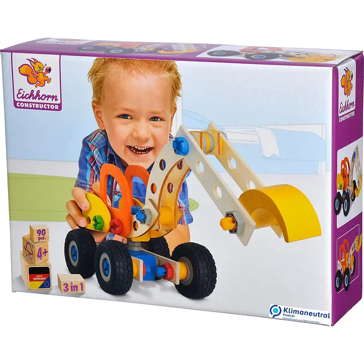 Eichhorn 100039087 - Bagger 90-teilig Holz-Konstruktions-Set, 3 verschiedene Modelvarianten baubar, FSC 100%