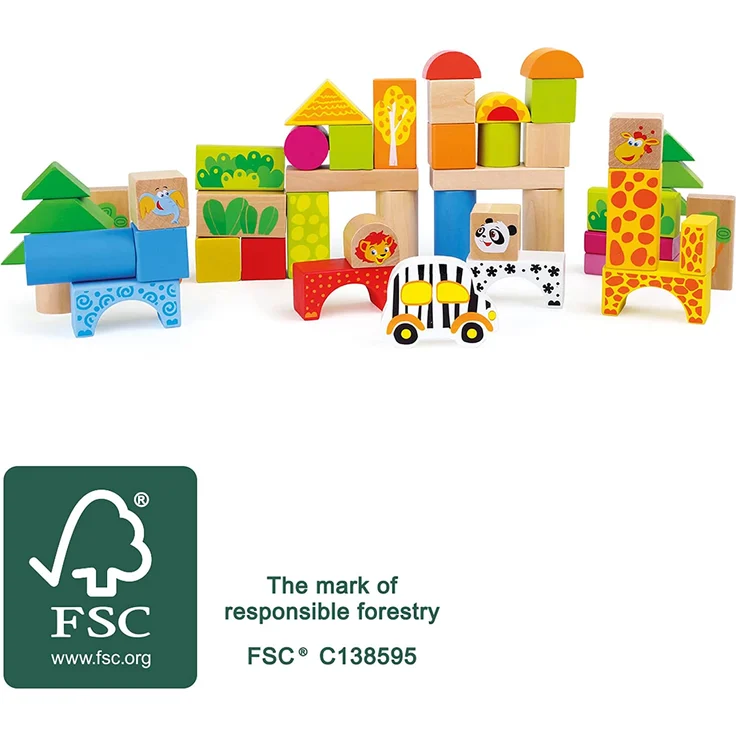 Holzbausteine 'Zoo' aus Holz, FSC® 100%-zertifiziert, 50-tlg. Set mit bunt bedruckten Bauklötzen, schult die Motorik und das räumliche Denken des Kindes, für kleine Bau-Meister ab 12 Monate – Bild 3