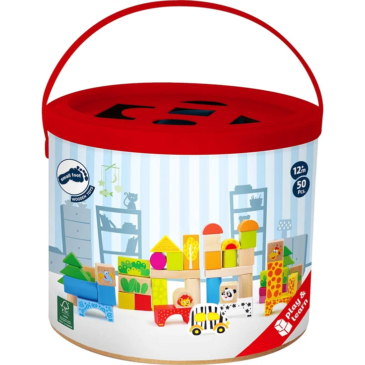 Holzbausteine 'Zoo' aus Holz, FSC® 100%-zertifiziert, 50-tlg. Set mit bunt bedruckten Bauklötzen, schult die Motorik und das räumliche Denken des Kindes, für kleine Bau-Meister ab 12 Monate – Bild 4