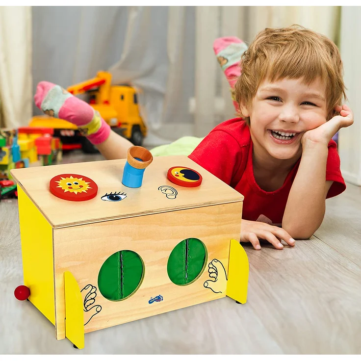 small foot 6989 Fühl-Box aus Holz, Sinnesspiel schult spielerisch den Tast- Hör- und Sehsinn, ab 3 Jahren – Bild 4