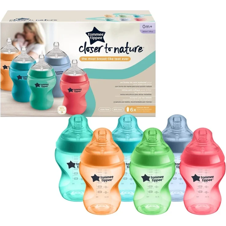 Tommee Tippee Closer to Nature Babyflaschen, Natürlich geformter Trinksauger mit Anti-Kolik-Ventil, 260 ml, 6er-Set, Fiesta Mehrfarbig – Bild 2