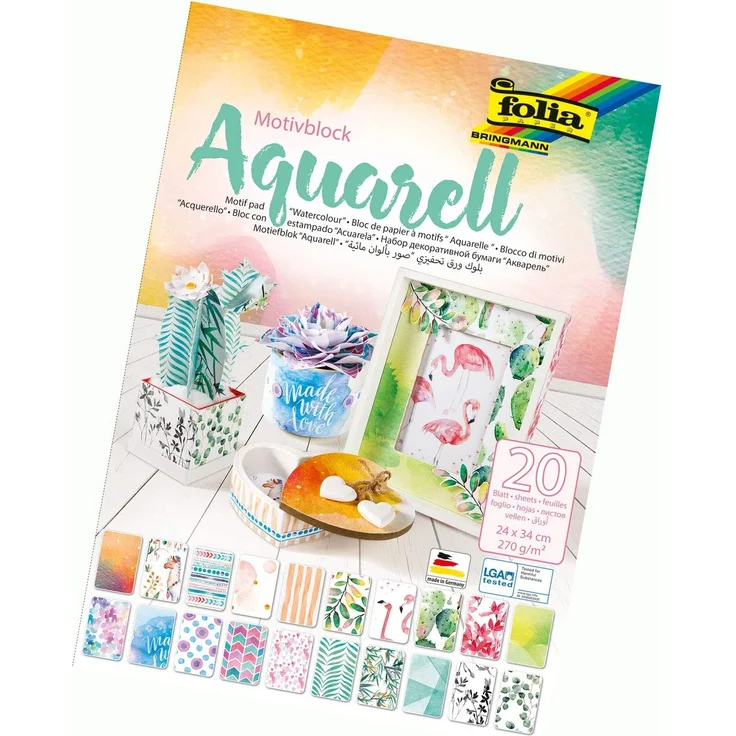 folia 48749 - Motivblock Aquarell, 20 Blatt, ca. 24 x 34 cm, 270 g/qm, sortiert in 20 verschiedenen Motiven - zum Basteln und kreativen Gestalten von Karten, Fensterbildern und für Scrapbooking – Bild 1