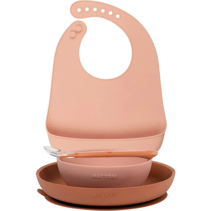 Nattou Silikon-Geschirr für Kinder, 4-tlg, 1 Löffel, 1 Teller, 1 Schale, 1 Lätzchen mit Auffangschale, BPA-frei, Silicon, Rosa/Braun