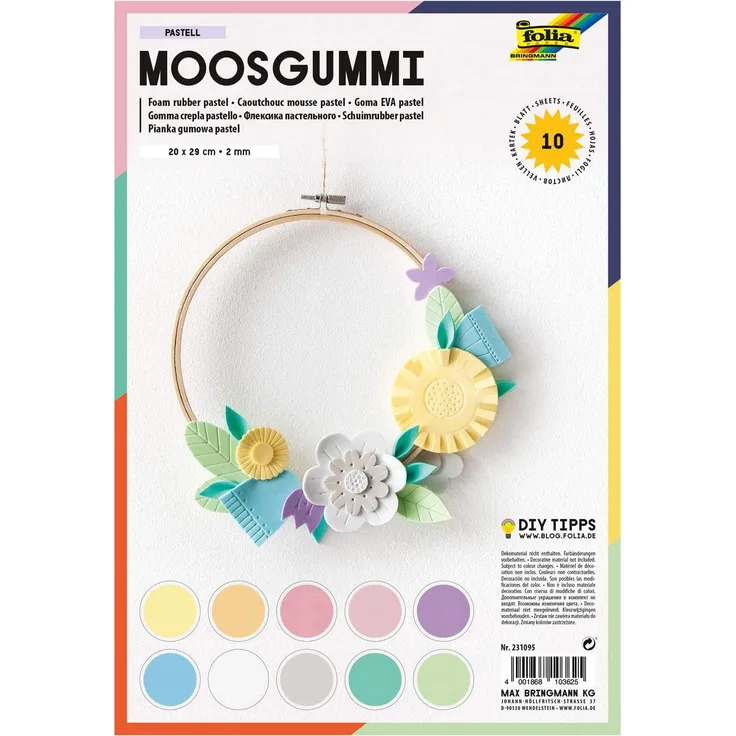 folia 231095 - Moosgummi Pastell, 2 mm, ca. 20 x 29 cm, 10 Bögen, sortiert in 10 Pastellfarben, nicht selbstklebend - ideal für vielseitige Bastelarbeiten