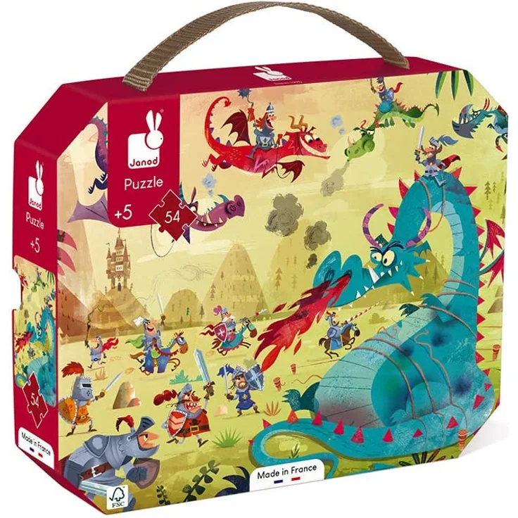 Janod - Puzzle Enfant Dragons 54 Pièces - Jeu Educatif - Motricité Fine et Concentration - Valisette Poignée - Fabriqué en France - Certifié FSC - Encres Végétales - Dès 5 ans, J02615