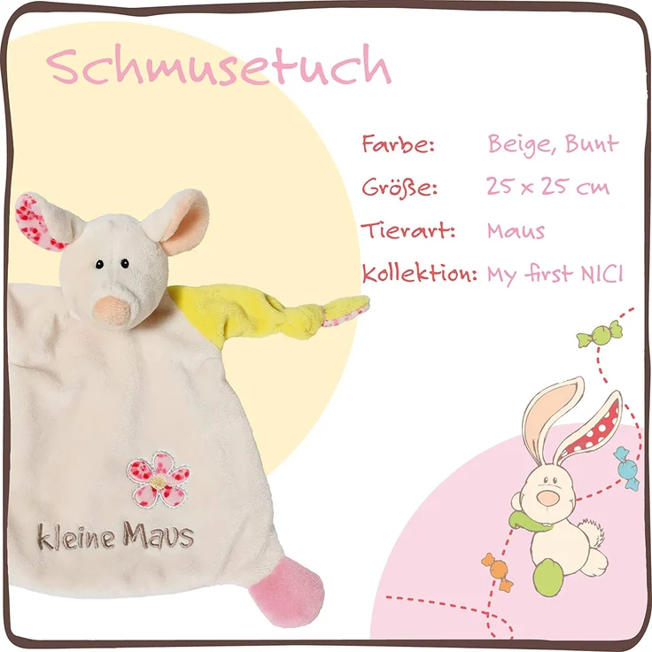 NICI Schmusetuch Maus ‚Kleine Maus´ 25x25 cm – Maus Schnuffeltuch ab 0+ Monaten – Kuscheltuch für Babys & Kleinkinder – Baby Kuscheltier / Schnuffeltuch – Baby Schmusetuch für Mädchen & Jungen – 40039 – Bild 3