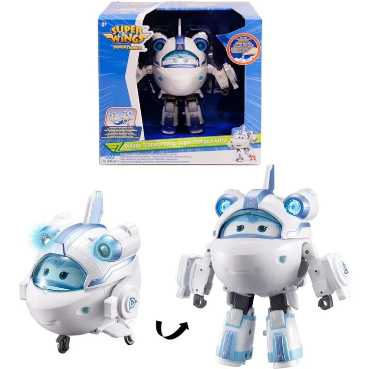 Super Wings – Deluxe Transforming Astra Supercharge – 17 cm großes verwandelbares Spielflugzeug und Roboterfigur mit Sound- und Lichteffekten aus der Zeichentrickserie