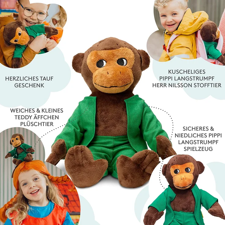 Micki & Friends 44371700 - Herr Nilsson Puppe 23 cm - Pippi Langstrumpfs AFFE als Stoffpuppe - Teddy - Plüschpuppe Kuscheltier - abnehmbare Kleidung - ab 0+ Monate – Bild 2
