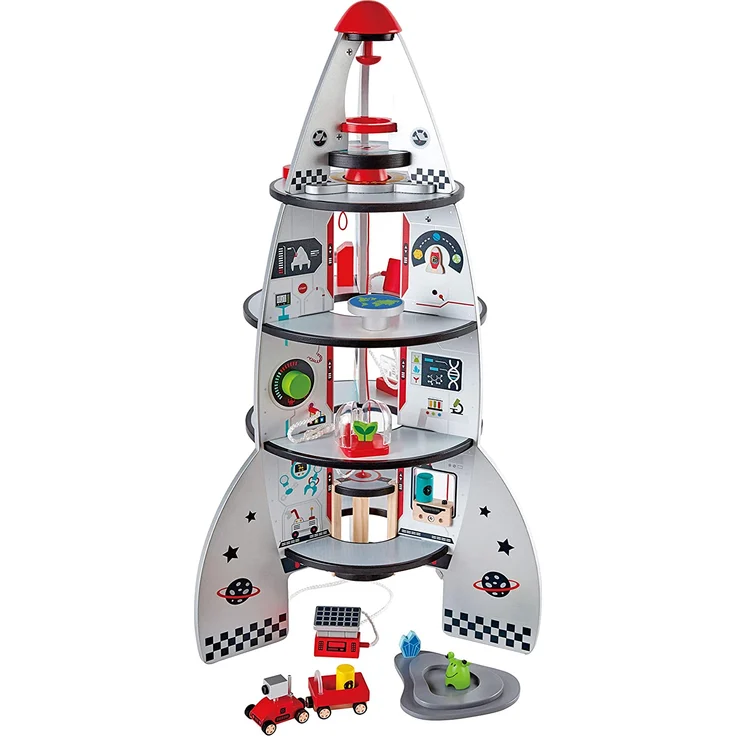Hape E3021 E3021-Vierstufenrakete, Holzspielzeug Vierstufenrakete, Raumschiff inkl. viel Zubehör, 74cm hoch, aus Holz – Bild 1