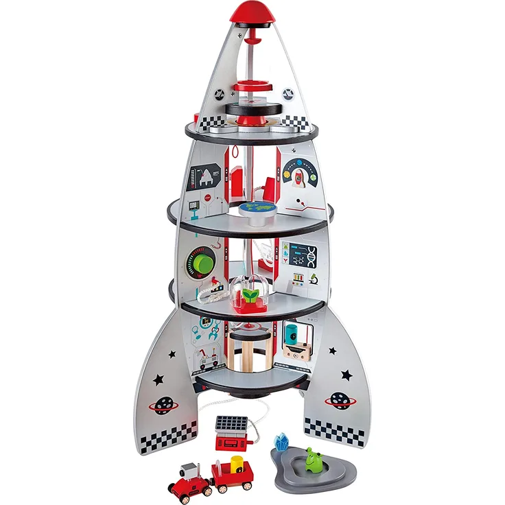 Hape E3021 E3021-Vierstufenrakete, Holzspielzeug Vierstufenrakete, Raumschiff inkl. viel Zubehör, 74cm hoch, aus Holz