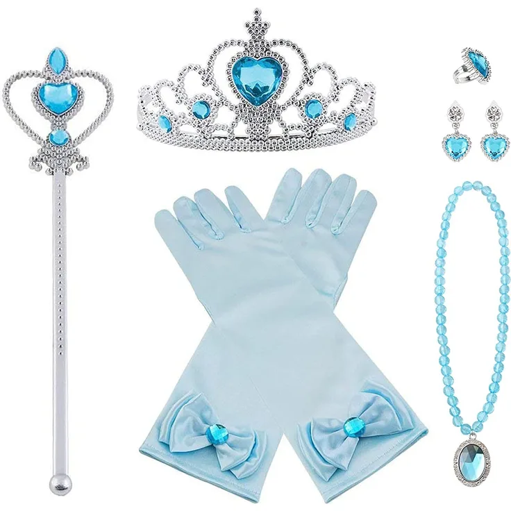 Vicloon Prinzessin Kostüme Zubehör Set of 7, Mädchen Dress up Zubehör mit ELSA Handschuhe, Pfirsichherz Krone, Zauberstab, Ring, Halskette, Ohrring für Geburtstage, Cosplay und Festivals - Blau
