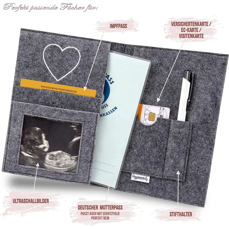 Lezzanna - Mutterpasshülle aus Filz - Mutterpass Tasche - Dokumententasche - in 4 Farben - viele Fächer für Ultraschallbilder und vieles mehr - Geschenk für Schwangere - Organizer – Bild 3