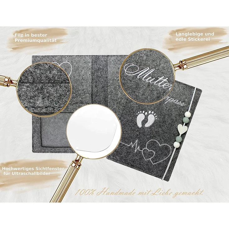 Lezzanna - Mutterpasshülle aus Filz - Mutterpass Tasche - Dokumententasche - in 4 Farben - viele Fächer für Ultraschallbilder und vieles mehr - Geschenk für Schwangere - Organizer – Bild 4
