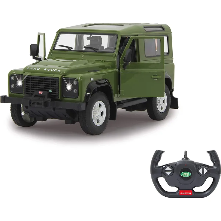 Jamara 405155 - Land Rover Defender 1:14 grün Tür manuell 40MHz - RC Auto, offiziell lizenziert, ca 1 Std fahren, 9 Km/h, detaillierter Innenraum, hochwertige Verarbeitung,LED Licht