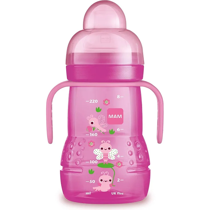 MAM Trainer+ (220 ml), Trinklernflasche für den Übergang zum Becher, auslaufsicherer Trinklernbecher mit tropffreiem Sauger, Trinkschnabel und Haltegriff, 4+ Monate, Tiermotiv, rosa