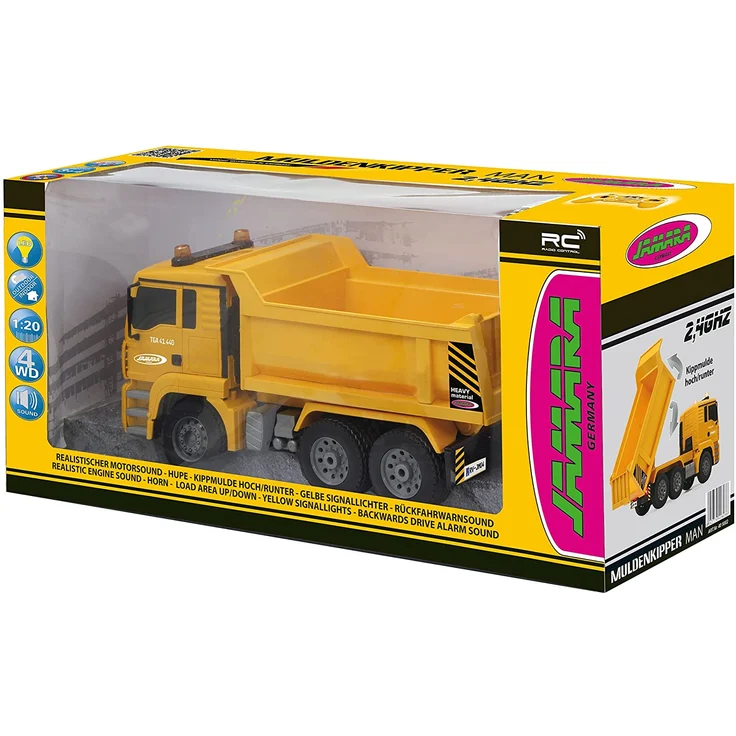 Jamara 405002 - Muldenkipper MAN 1:20 2,4G - Kippmulde hoch / runter, realistischer Motorsound, Hupe, Rückfahrwarnsound, 4 Radantrieb, gelbe LED Signallichter, programmierbare Funktionen – Bild 12
