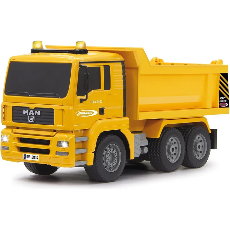 Jamara 405002 - Muldenkipper MAN 1:20 2,4G - Kippmulde hoch / runter, realistischer Motorsound, Hupe, Rückfahrwarnsound, 4 Radantrieb, gelbe LED Signallichter, programmierbare Funktionen – Bild 1
